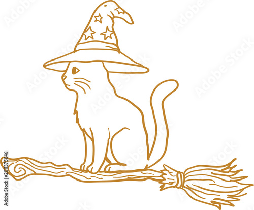 Hand-drawn golden line of a sitting cat wearing a wizard hat with stars, perched on a flying wooden witch's broomstick