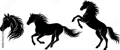 Konstfotografi Three Silhouetted Horses in Dynamic Poses, Galloping and Rearing