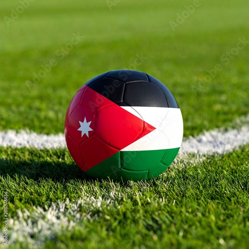 Soccer ball on a green field with the Jordan flag on it