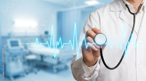 Doctor holding stethoscope, ECG heart rate overlay, cardiology, heart checkup, healthcare, hospital, patient wellness concept.