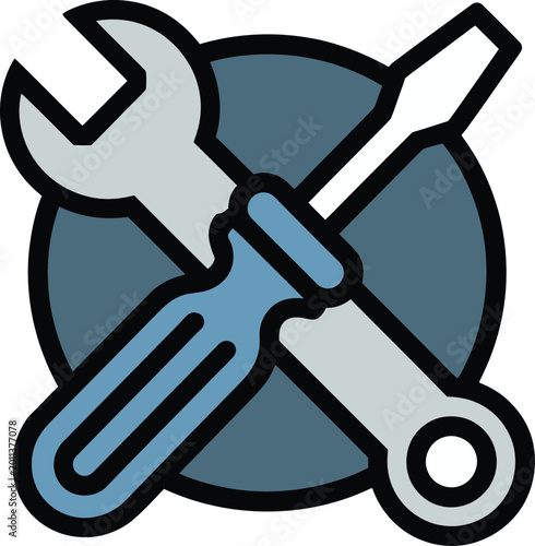 Wrench and screwdriver crossed on a blue circle representing repair and maintenance services