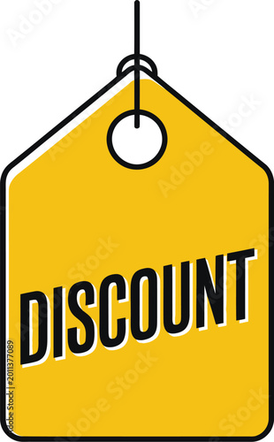 Yellow discount tag hanging with black outline during sale event for retail promotion