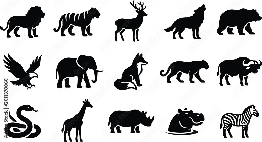 Fototapeta premium Wild Animal Silhouette Collection with Lion Tiger Elephant Giraffe and Safari Wildlife Icons