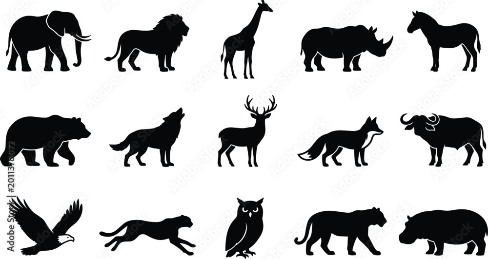 Obraz premium Wild Animal Silhouette Icons Set Vector Graphics for Safari and Nature Design Projects