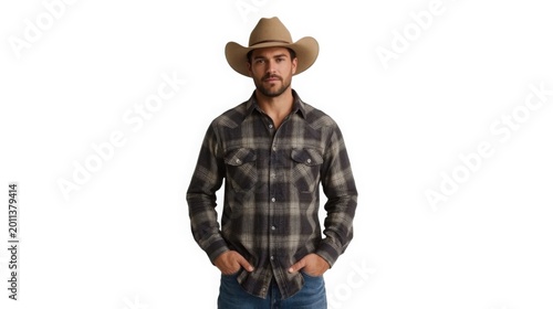 confident cowboy in plaid shirt and hat posing against white background