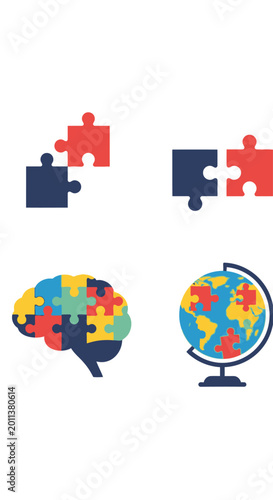 Autism Awareness: Puzzle Brain, Globe, and Interlocking Pieces Concept