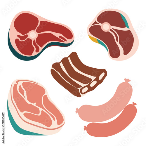 Assortment of Raw Meats and Sausages: Steaks, Ribs, and Links