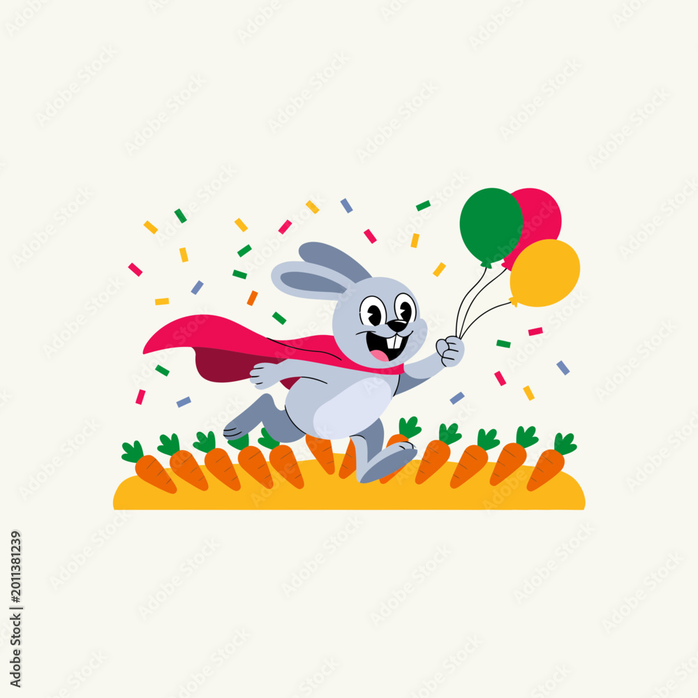 Fototapeta premium Cartoon rabbit superhero running with balloons and carrots red cape confetti celebration