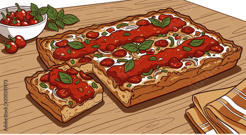 Detroit Style Pizza Slice with Tomato Sauce Illustration