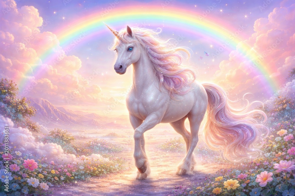 Naklejka premium Whimsical unicorn exploring a serene pastel horizon decorated with bright rainbows