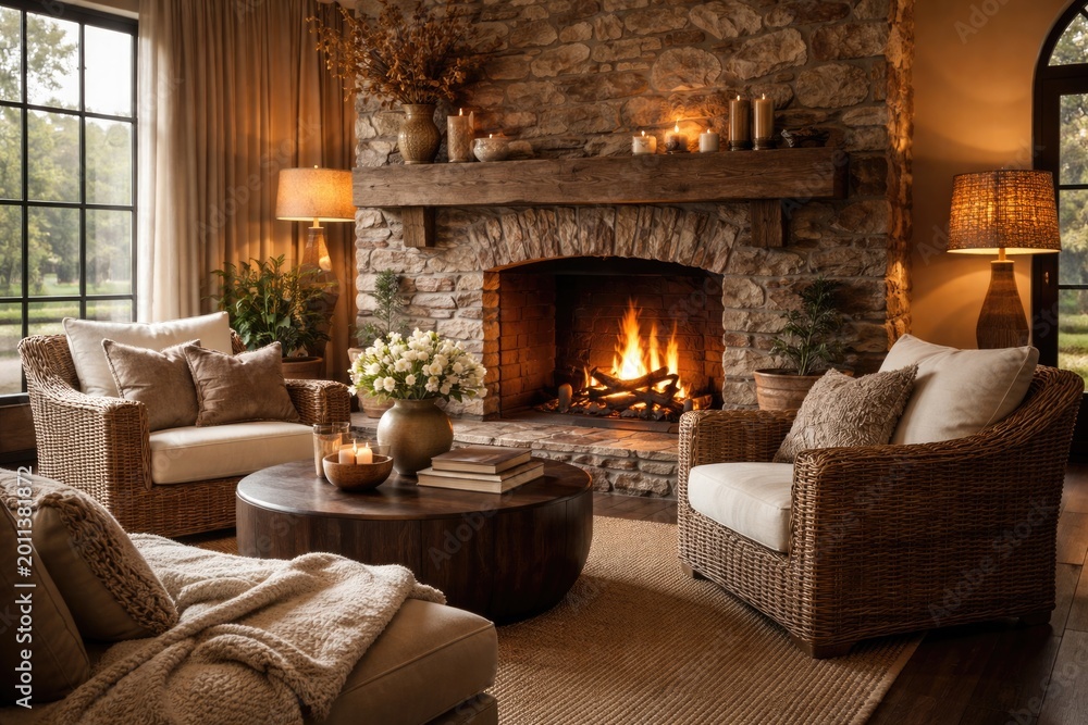 Obraz premium Sophisticated interior with stone fireplace and wicker chair elements