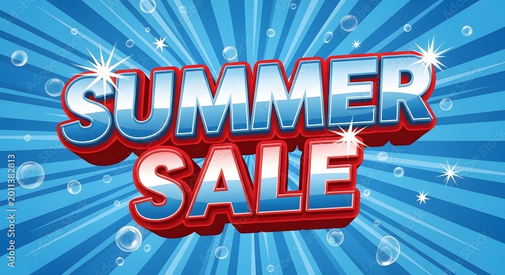 Fototapeta premium Summer sale typography design with blue glossy text and bubbles on a blue sunburst background