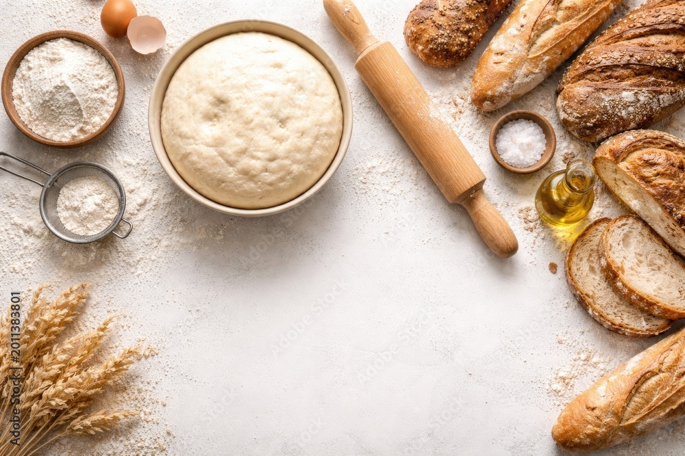 Fototapeta premium Above view of fresh yeast dough bowl surrounded by flour, a rolling pin, and bread laid out on white background with copy space for baking ideas
