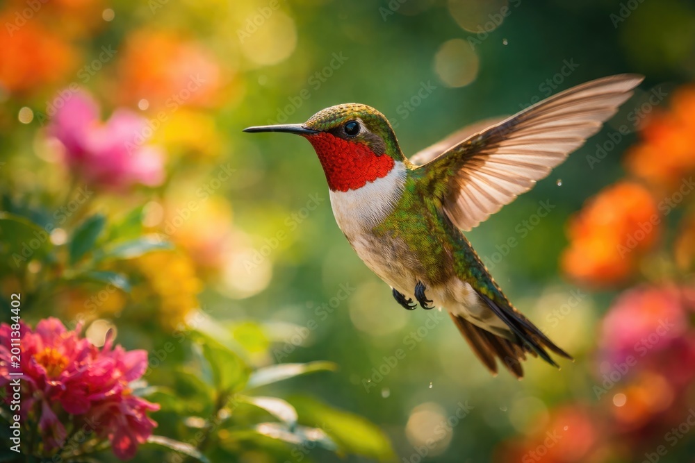 Fototapeta premium Small Ruby throated hummingbird fluttering wings with vivid colors