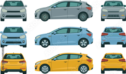 Obraz na płótnie Modern compact car set in multiple colors, front side rear views, hatchback vehi