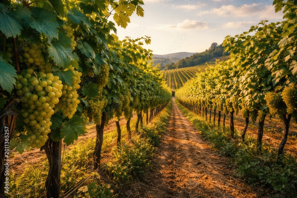 Naklejka premium Green vineyard crops developing fully in warm summer conditions