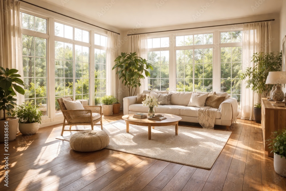 Fototapeta premium Well lit room showcasing natural sunlight through many windows paired with earthy wooden flooring