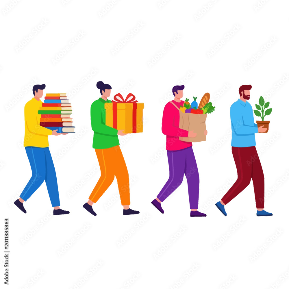 Fototapeta premium Diverse people carrying books, gift, groceries, and plant, symbolizing life, learning, and growth.