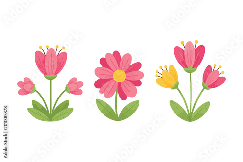 Cute flat vector flower element set, colorful spring floral clip art illustration