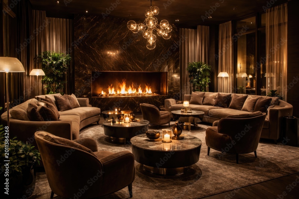 Naklejka premium Sophisticated lounge interior with contemporary seating and a glowing fireplace creating warm mood lighting
