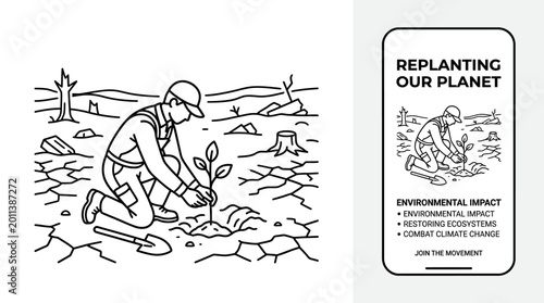 Foto Line art illustration of a person planting a young tree in a deforested area