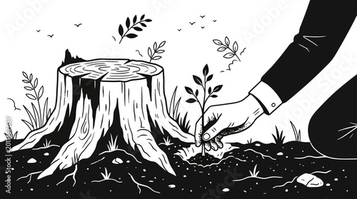 Tableau sur toile A black and white illustration showing a hand planting a new sapling next to a tree stump