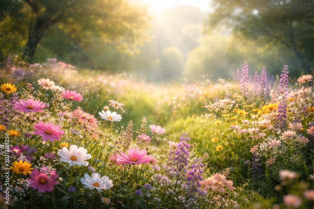 Naklejka premium Radiant floral landscape with subtle green blur emphasizing harmonious natural beauty