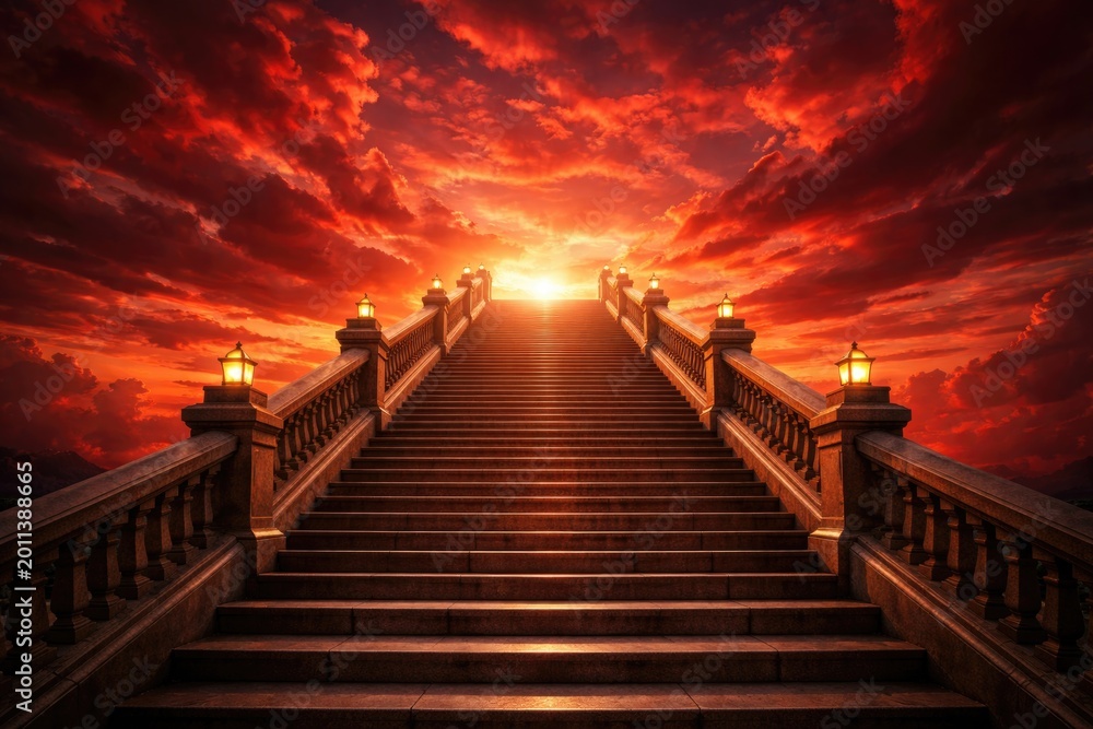 Fototapeta premium Red tinted sky at sunset featuring stair steps leading upward capturing spiritual symbolism