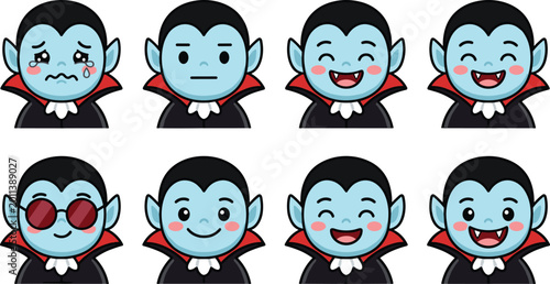 Collection of eight cartoon vampire character illustrations with expressive emotions, colorful designs, and playful poses for creative projects