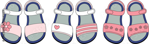Cuadro en lienzo Cute Kids Sandal Vector Collection Featuring Colorful Summer Footwear with Flora
