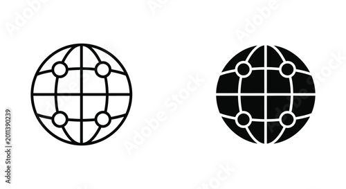 Global network globe icon set featuring connected nodes in outline and solid black styles for international communication and internet concepts
