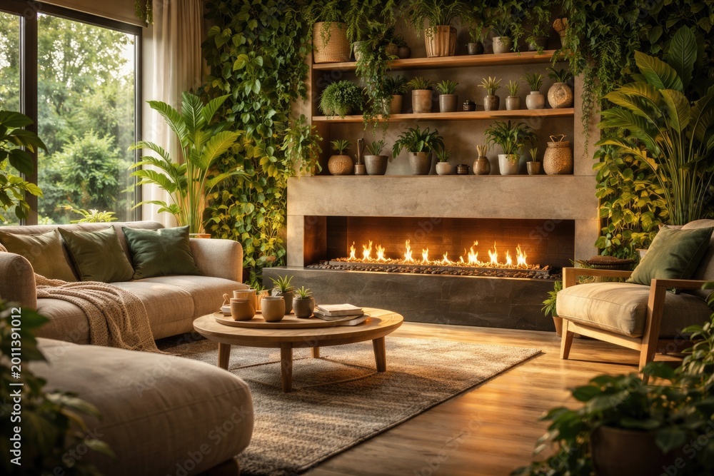 Fototapeta premium Interior design with a lit bio ethanol fireplace emphasizing eco sustainability