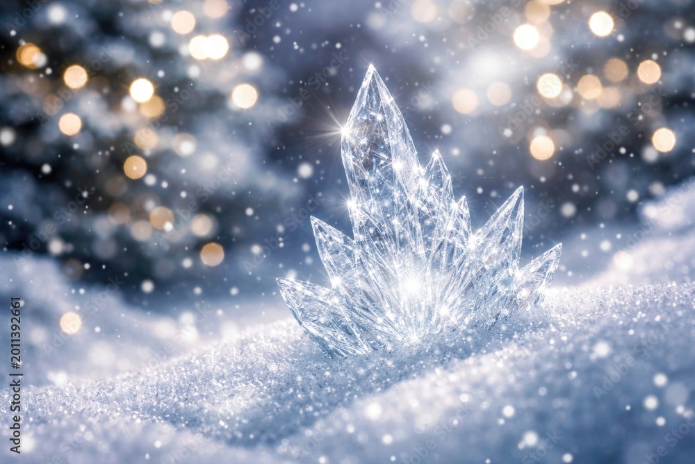 Fototapeta premium Twinkling ice shard set against a snowy bokeh scene for festive invitations