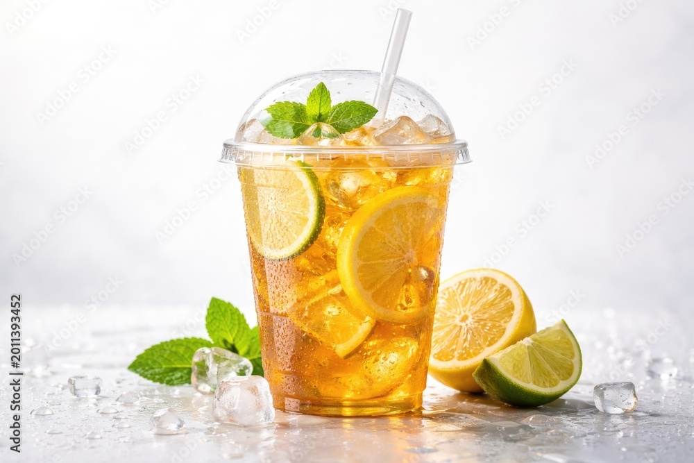 Fototapeta premium Refreshing cold beverage in transparent plastic cup with white backdrop