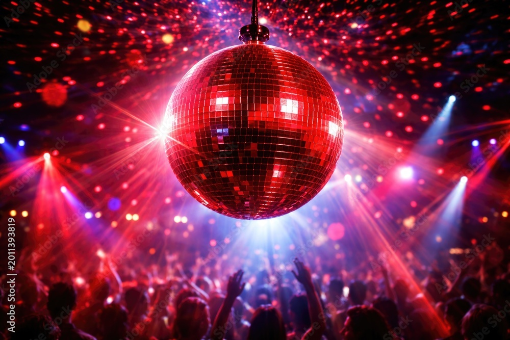Fototapeta premium Red shiny disco ball casting dazzling reflections in an upbeat club atmosphere