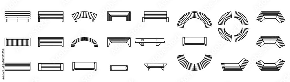 Obraz premium Top view modern park bench and outdoor. Top view and side view seating elements. Set of bench icons and urban furniture for landscape planning. Vector illustration.