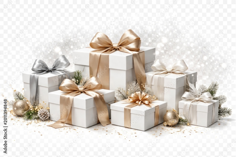 Obraz premium Winter holiday white gift packages adorned with ribbons on transparent backdrop
