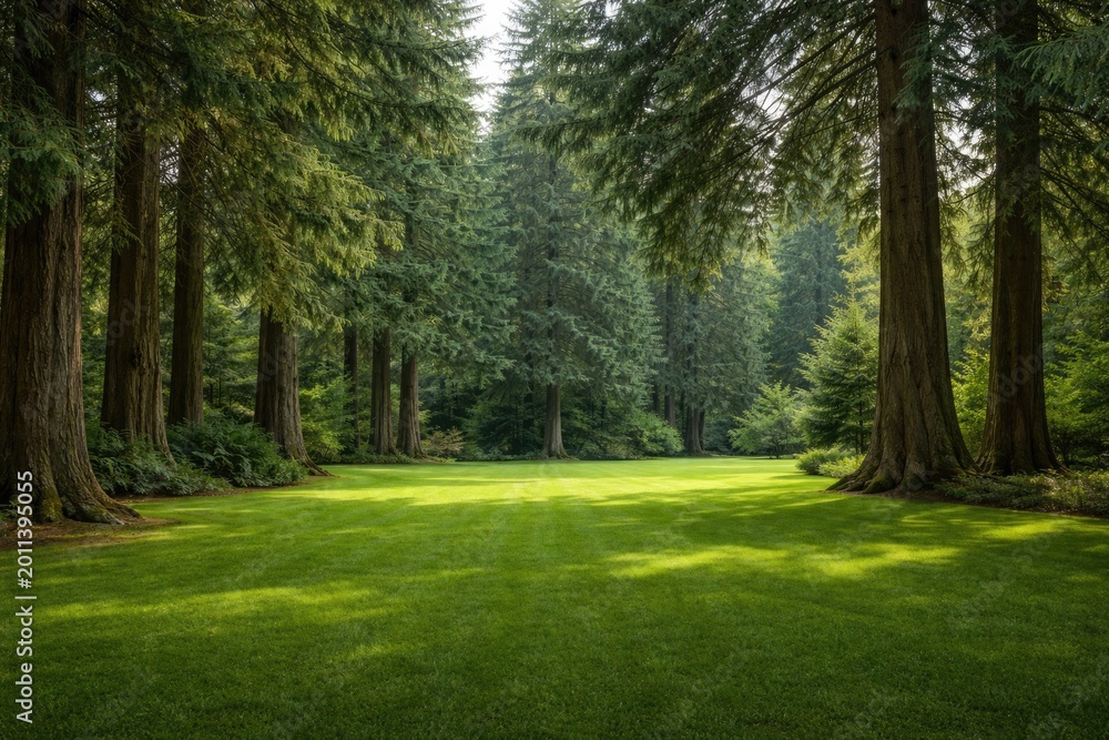 Obraz premium Well kept green lawn surrounded by towering evergreen cedar trees creating a calm outdoor setting