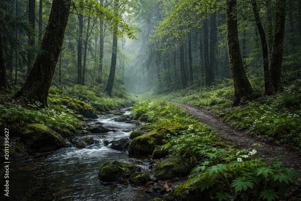 Fototapeta premium Wet forest landscape in early spring showers with vibrant greenery