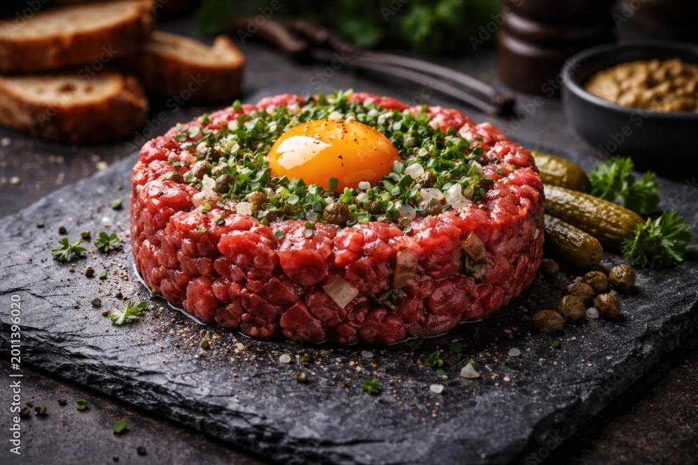 Fototapeta premium Traditional steak tartare with finely chopped onions and mixed herbs arranged on a textured slate base