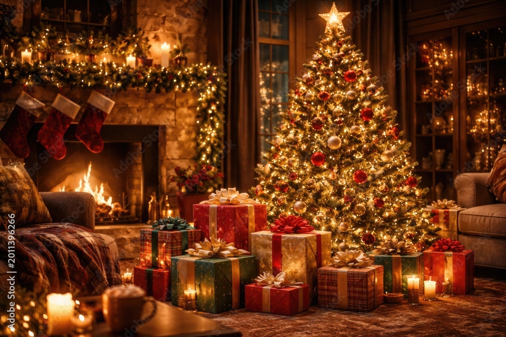 Fototapeta premium Warm holiday living room setting highlighting a decorated Christmas tree and cheerful wrapped gifts