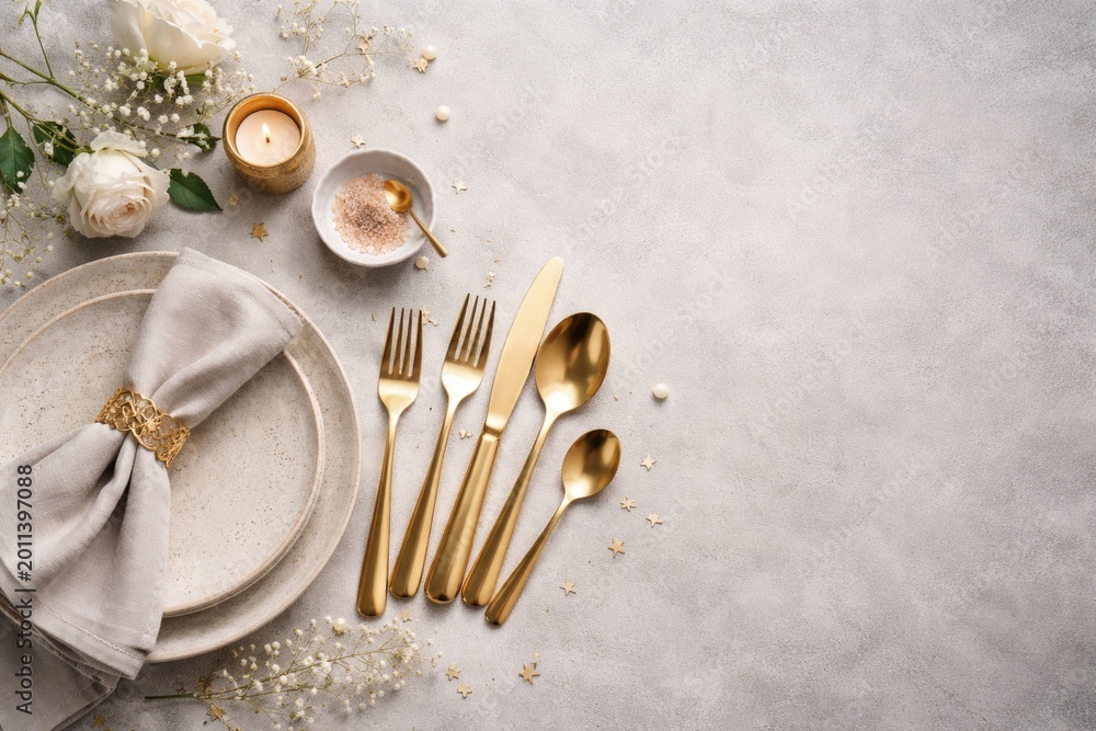 Fototapeta premium Stylish table decor incorporating golden cutlery on a gentle grey textured background plus copy space