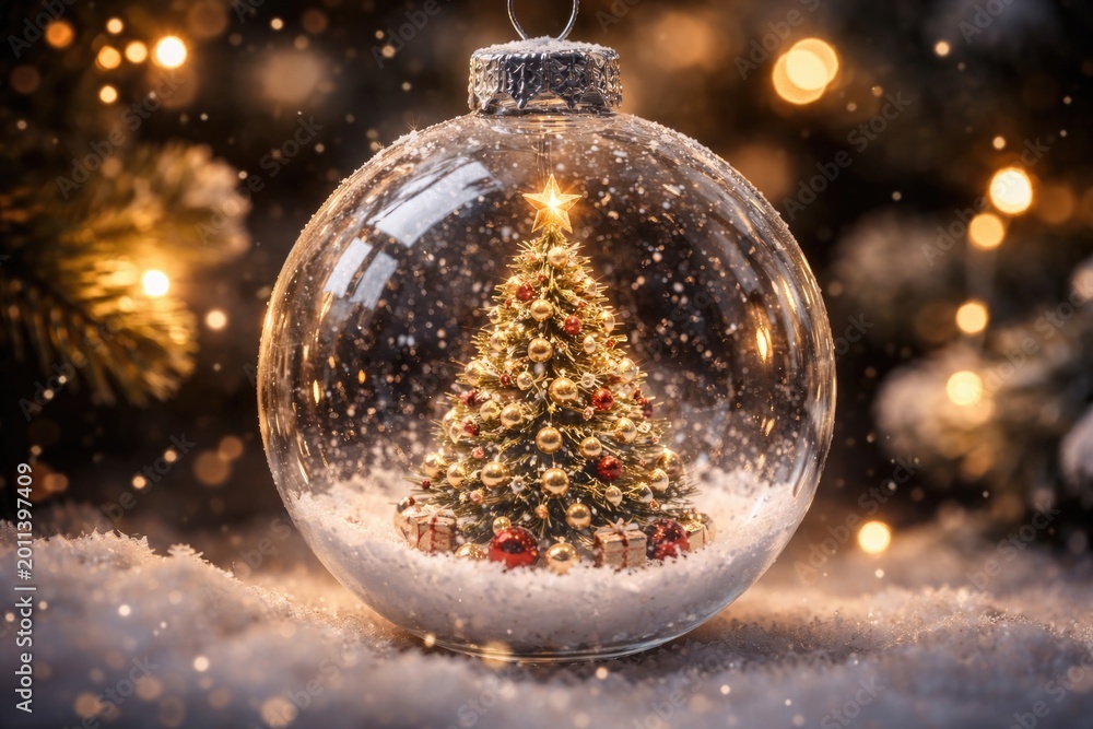 Obraz premium Bright Christmas tree inside a transparent glass ornament with delicate snow for festive display