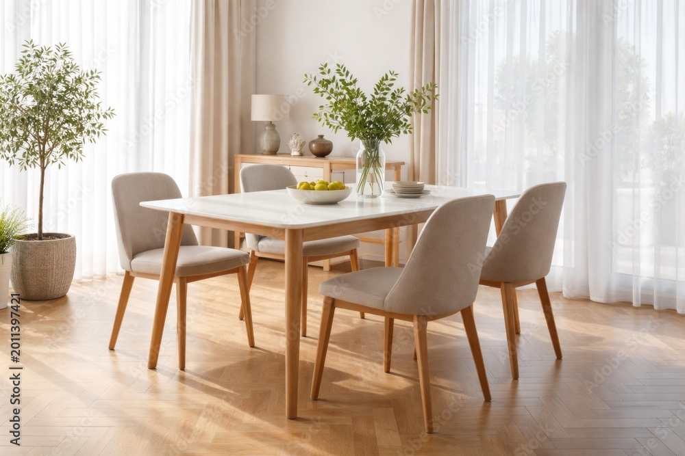 Fototapeta premium Bright dining area with sleek table and four chairs on oak parquet