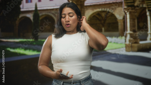 фотографія Woman texting on smartphone, hands on screen, wearing white tank top and jeans in a building courtyard with stone archways and columns; calm concentration