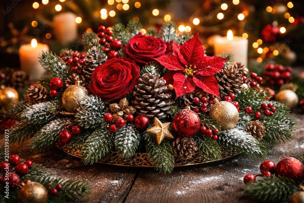 Naklejka premium Seasonal holiday centerpiece combining red flowers pinecones and decorative Christmas accents