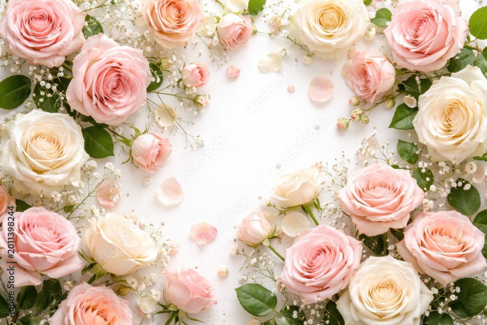 Fototapeta premium Flat lay of charming beige and pink roses arranged romantically against a bright white background