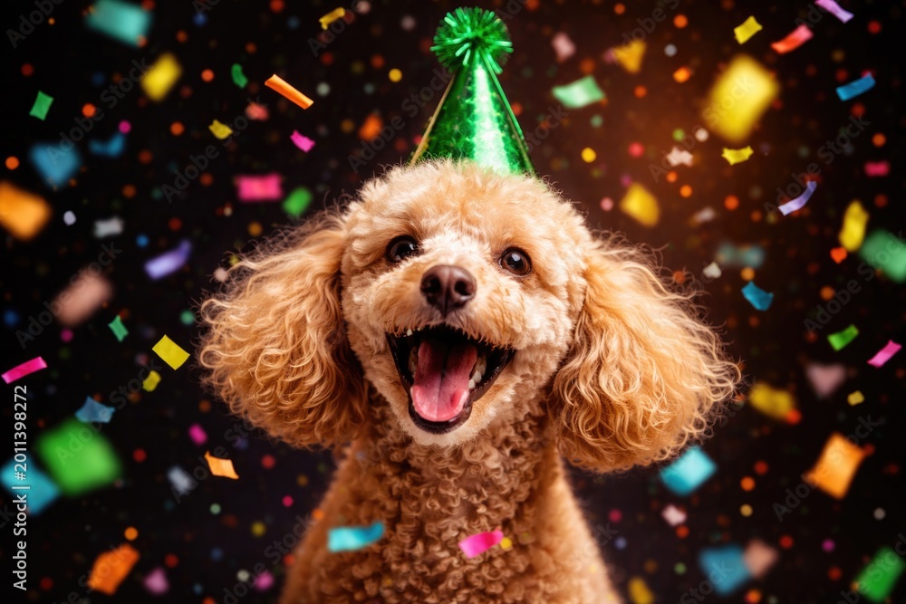Fototapeta premium Playful poodle celebrating with green birthday hat and scattered lively confetti on dark backdrop
