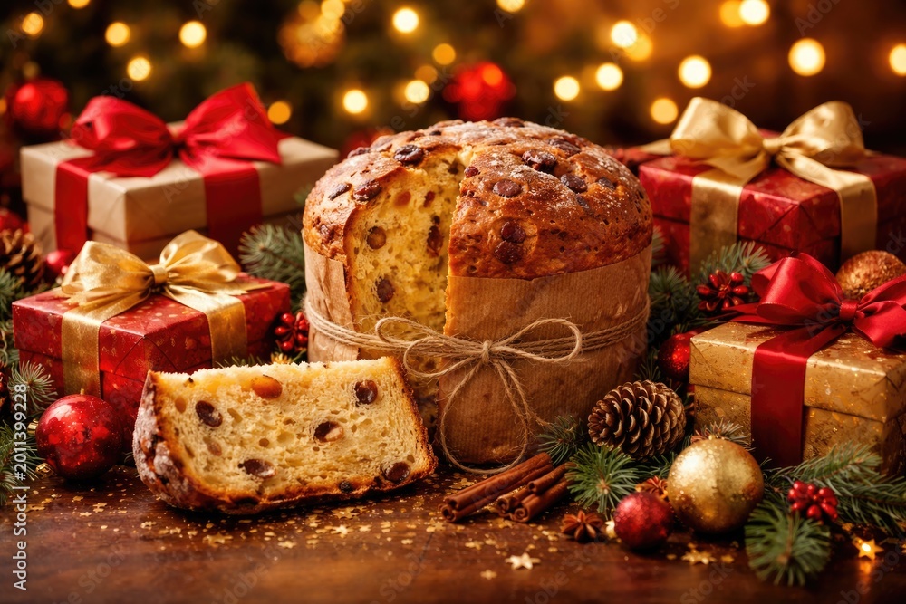 Fototapeta premium Panettone and Christmas gifts arranged with decorative ornaments on a warm blurred backdrop