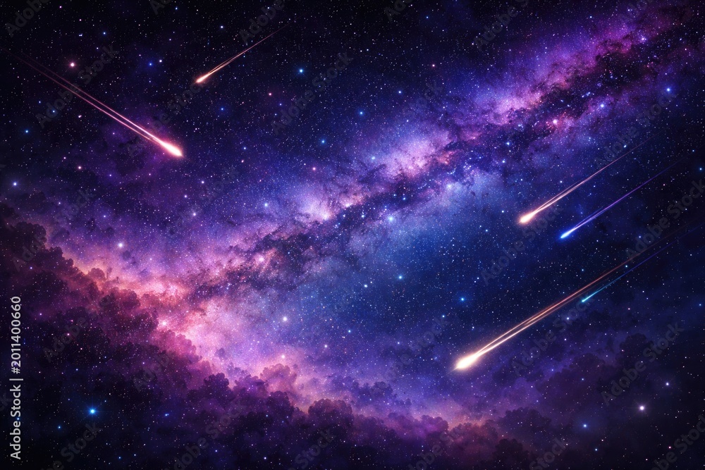 Fototapeta premium Vivid cosmic backdrop with colorful shooting stars streaking across a starry sky in purple and blue hues featuring copy space